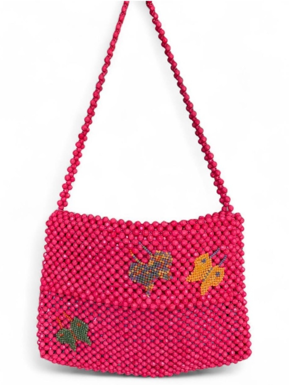 Brand New Hot Pink Beaded Shoulder Bag with Colorful Butterfly Accents